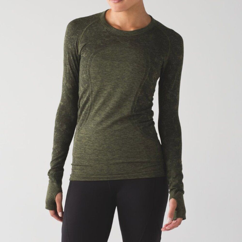 Lululemon Swiftly Tech Long Sleeve Crew Hip Length Black/Brave Olive Size 2